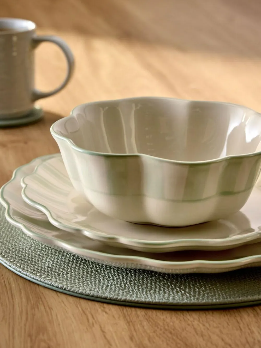 New Next 12 Piece Sage Green Handpainted Stripe Dinner Set