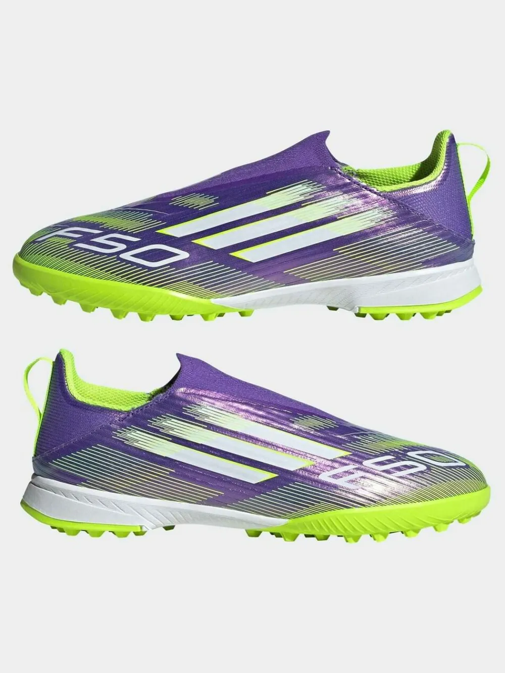 adidas Purple/Lime Kids F50 League Laceless Turf Boots^ Soccer Cleats
