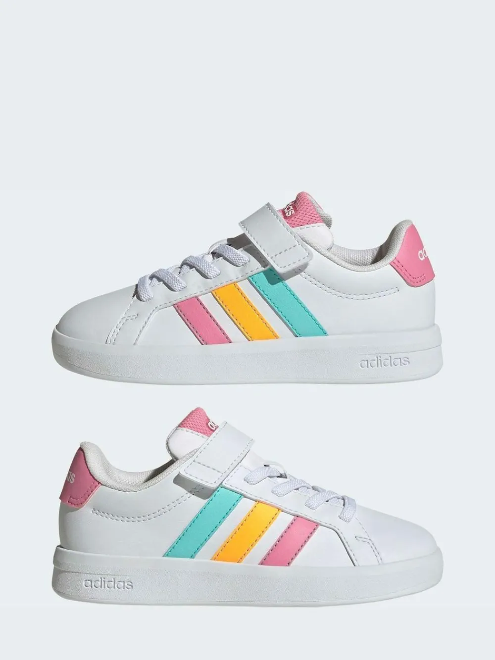 adidas White/Multi Grand Court 3.0 Elastic Lace Kids Trainers^BOY School Shoes|Boys Shoes