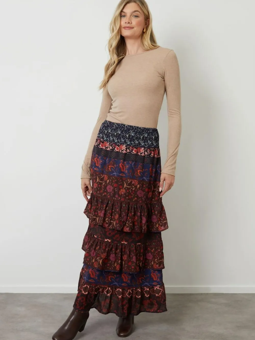 Online Another Sunday Brown Floral Tiered Maxi Skirt