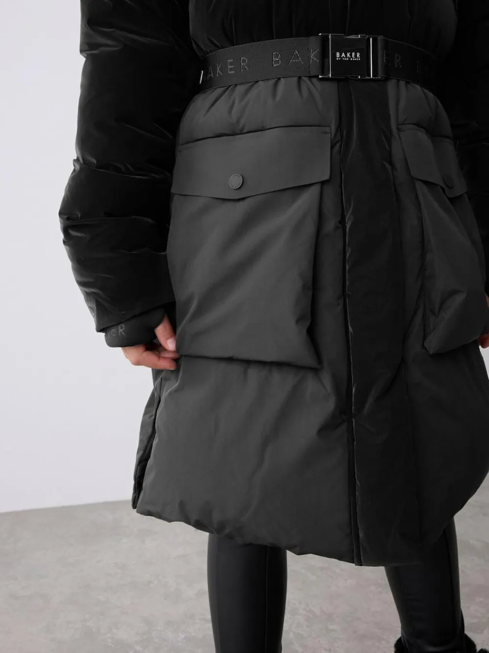 Clearance Baker by Ted Baker Shower Resistant Longline Belted Padded Black Parka