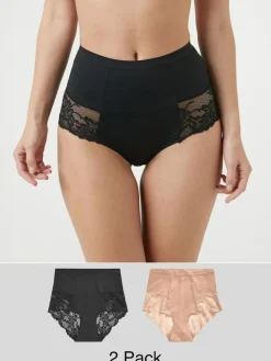 Outlet Next Print Tummy Control Shaping Lace Back Brazilian Knickers 2 Pack Black / Praline Nude