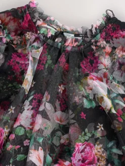 Clearance Next Black Floral Long Sleeve Mesh Party Dress (3-16yrs)
