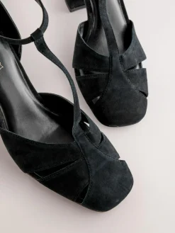 Hot Next Black Forever Comfort® Leather T-Bar Cutout Closed Toe Block Heels