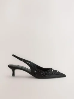 Hot Next Forever Comfort Satin Beaded Slingback Kitten Heels Black