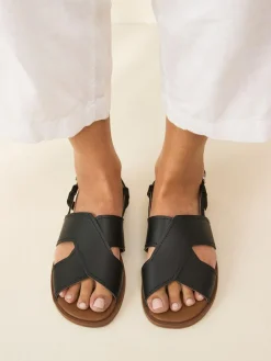 Next Standard/Wide Fit Stitched Slingback Sandals Black Leather