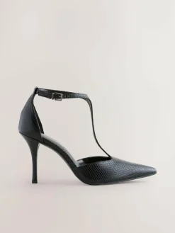 Discount Next Leather T-Bar Pointed Toe Heels Black Lizard Effect