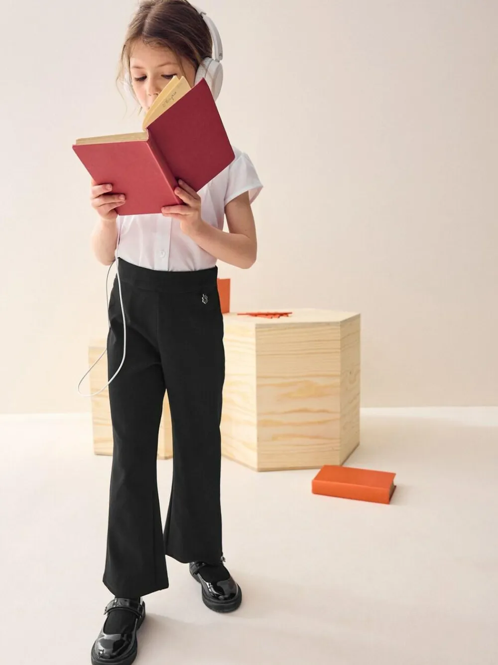 Hot Next Regular Length Pull-On Cotton Rich Stretch Boot Cut School Trousers (3-16yrs) Black