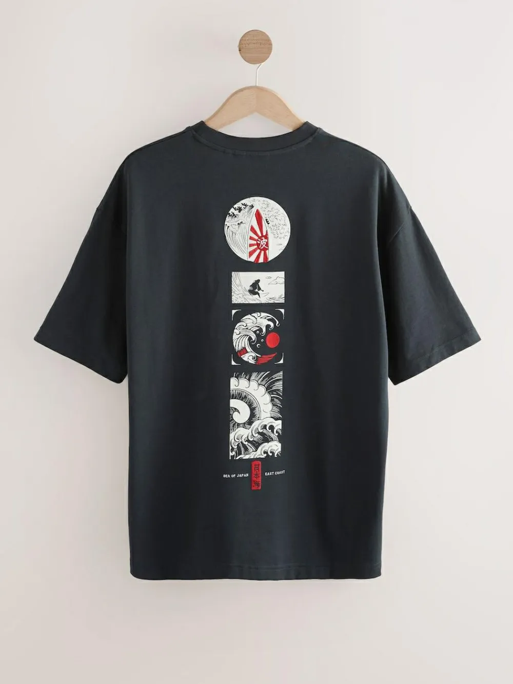 Hot Next Relaxed Fit Japanese Surf Graphic Print T-Shirt Black