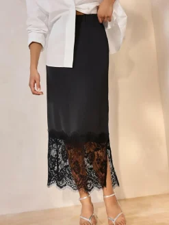 Sale Next Satin Midi Skirt With Lace Trim Black
