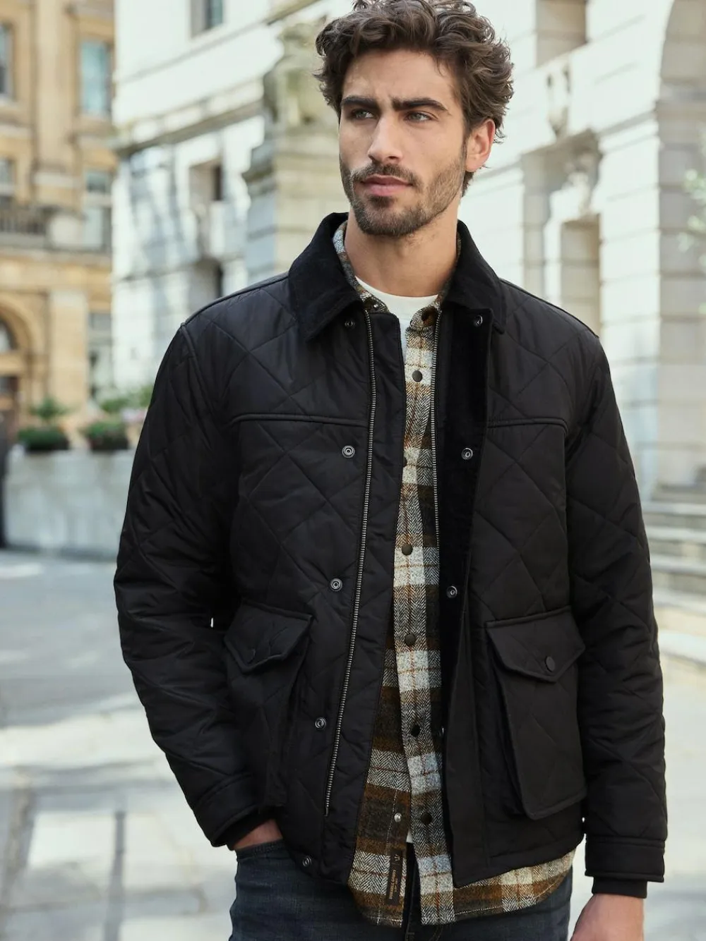 Next Black Shower Resistant Diamond Quilt Corduroy Collared Jacket^ Coats & Jackets|Coats & Jackets