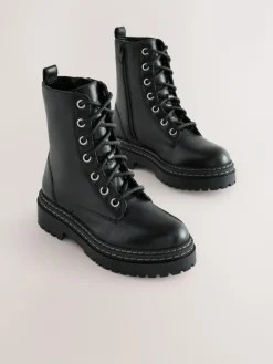 Online Next Standard Fit (F) Leather Chunky Lace-Up Boots Black