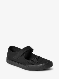 Next Black Wide Fit (G) Butterfly Embroidered School Plimsoll Shoes^ Shoes