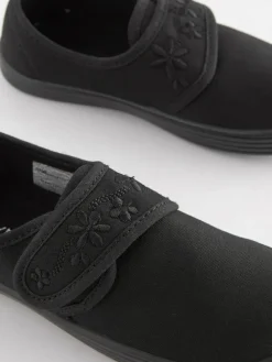 Hot Next Black Wide Fit (G) Embroidered Strap School Plimsolls