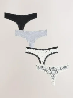 Next Black/Cream Thong Cotton Lace Knickers 4 Pack^Women All Lingerie|Panties