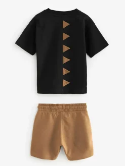 New Next Short Sleeve T-Shirt & Shorts Set 2 Pack (3mths-7yrs) (3mths-7yrs) Black/Tan Dinosaur