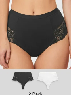 Next Black/White Cotton Tummy Control Shaping Thong Knickers 2 Pack^Women All Lingerie|Shapewear