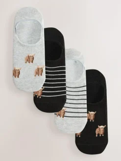 Next Black/White Hamish The Highland Cow Stripe Invisible Trainer Socks 4 Pack