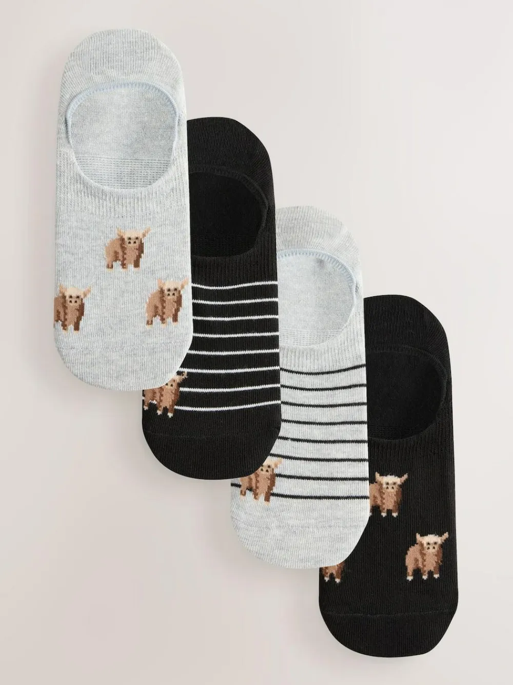 Next Black/White Hamish The Highland Cow Stripe Invisible Trainer Socks 4 Pack