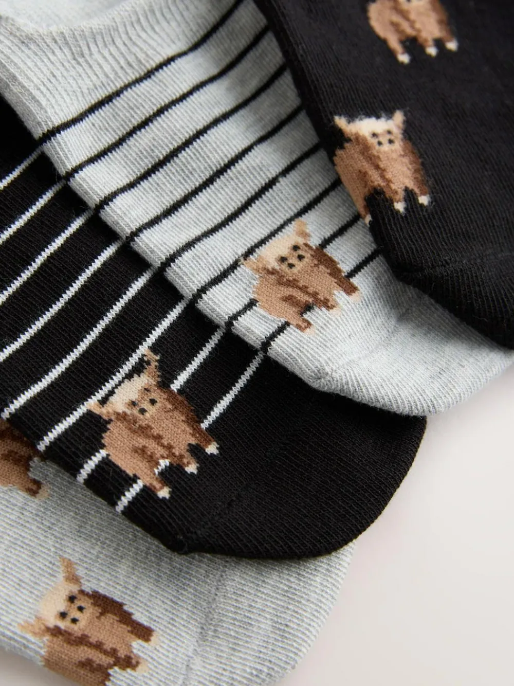 Next Black/White Hamish The Highland Cow Stripe Invisible Trainer Socks 4 Pack