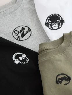 Best Next Long Sleeve Small Graphic T-Shirts 4 Pack (3-16yrs) Black/White/Grey Marl/Khaki