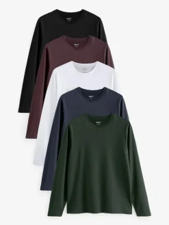 Next Regular Fit Regular Fit Long Sleeve 100% Cotton T-Shirts 5 Pack^ Nightwear|Tops & T-Shirts