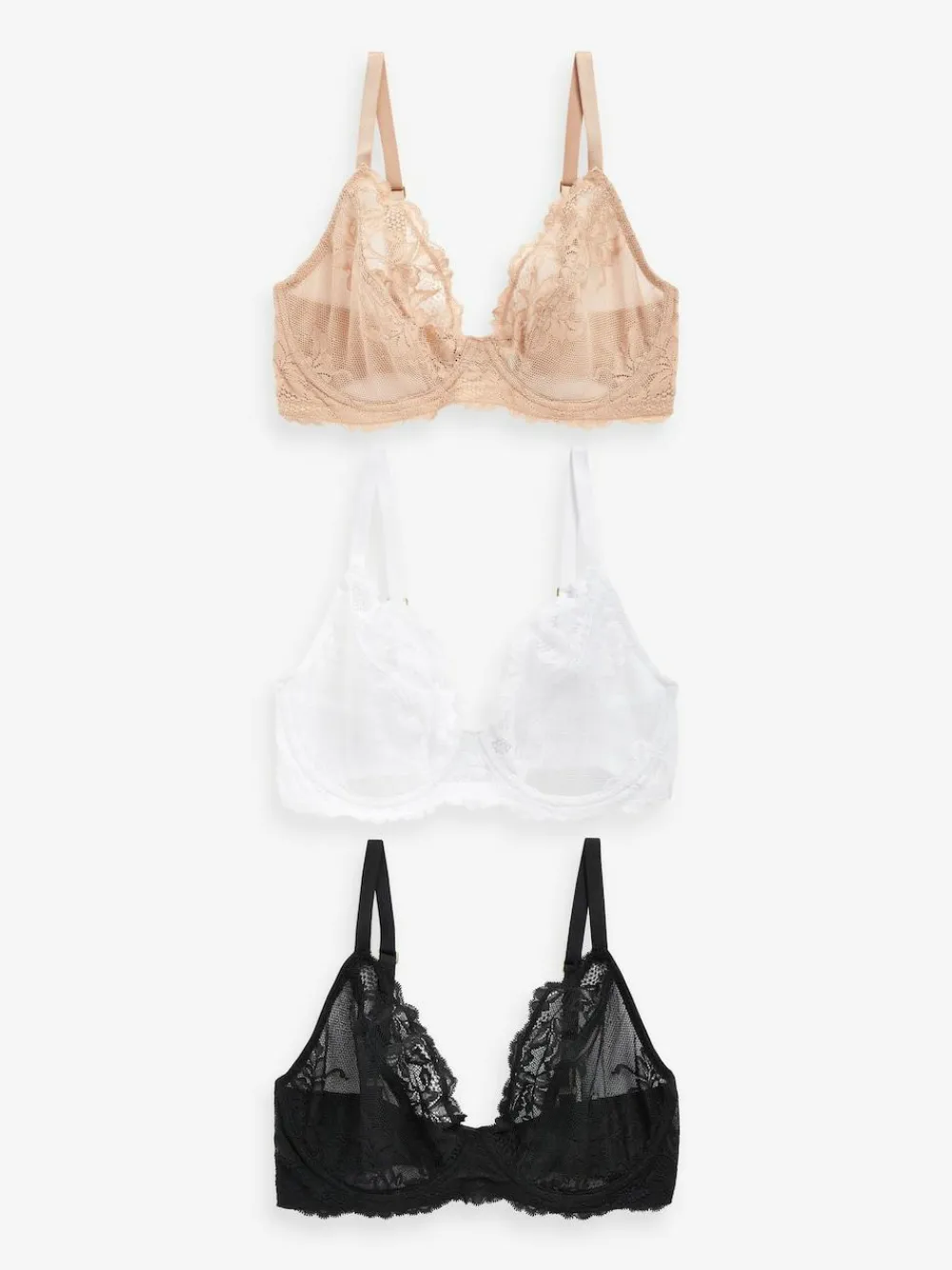 Clearance Next Non Pad Plunge DD+ Lace Bras 3 Pack Black/White/Praline Nude