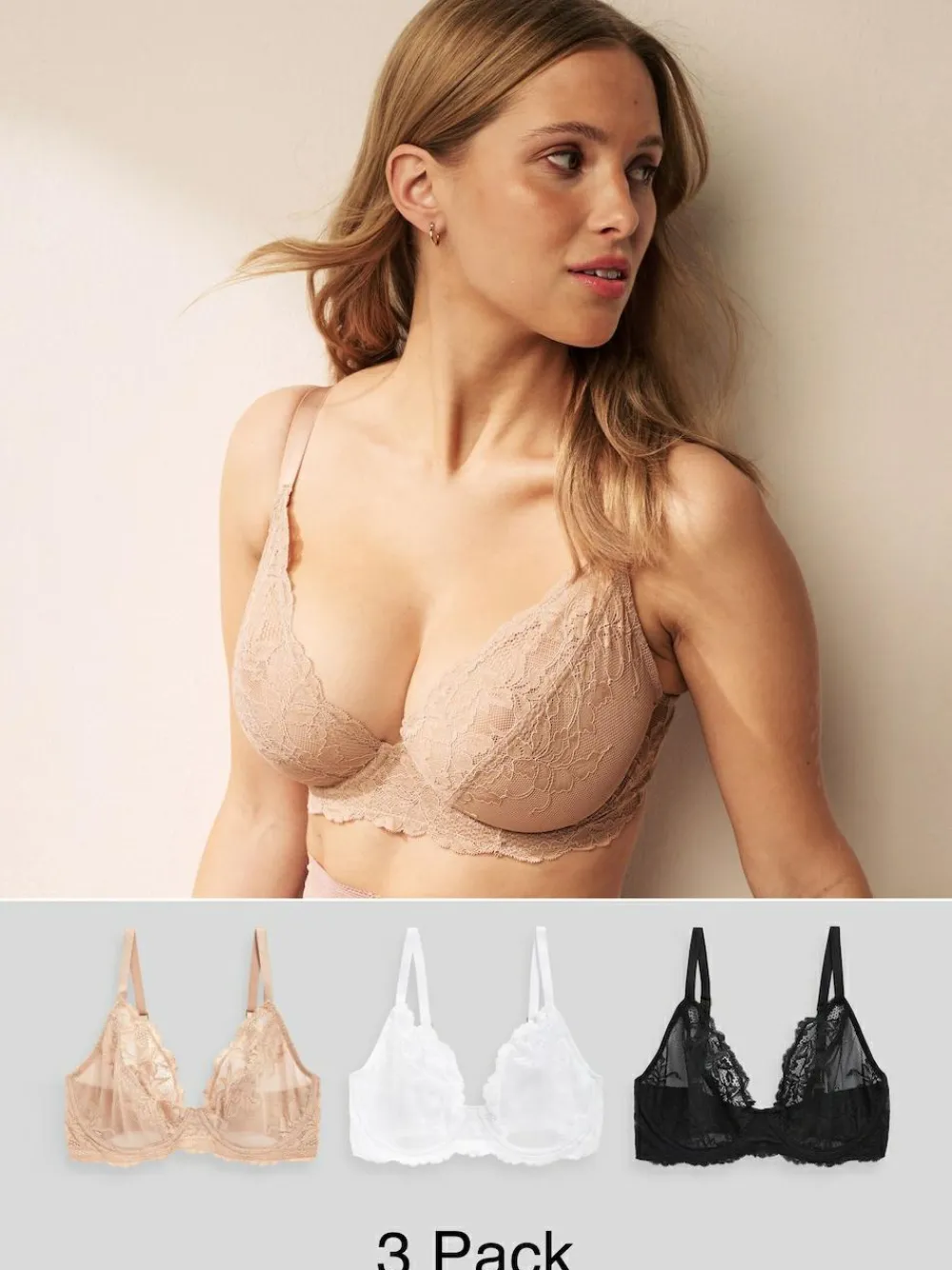 Clearance Next Non Pad Plunge DD+ Lace Bras 3 Pack Black/White/Praline Nude