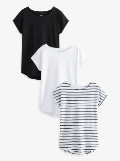 Clearance Next Cap Sleeve 100% Cotton T-Shirts 3 Pack Black/White/Stripe