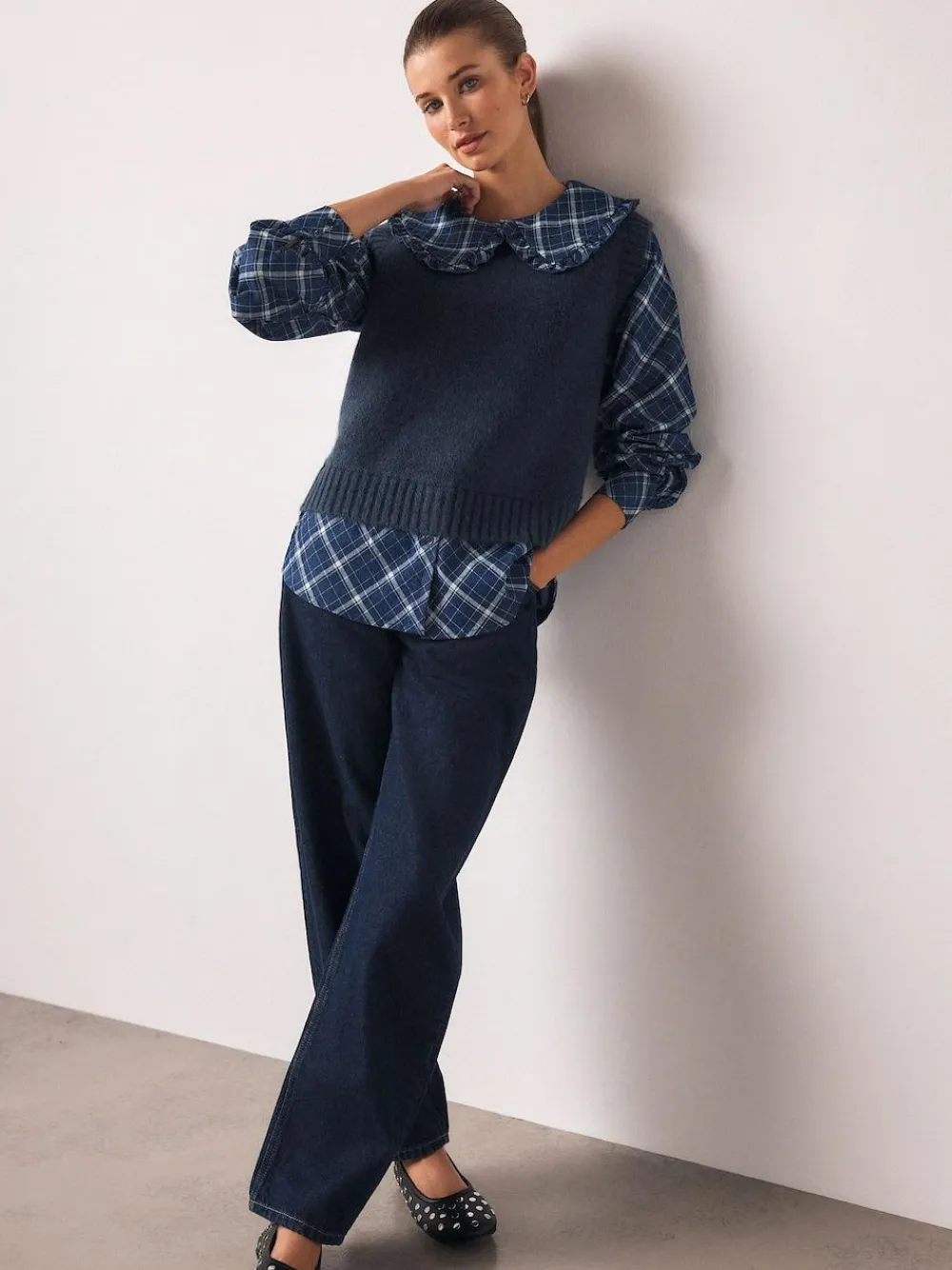 Clearance Next Frill Collar Shirt Layer Knitted Tank Blue Check
