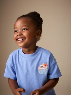 New Next Short Sleeve Embroidered T-Shirt (3mths-7yrs) Blue Cupcake