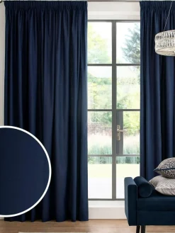 Next Blue Navy Cotton Blackout/Thermal Pencil Pleat Curtains^ Curtains & Blinds