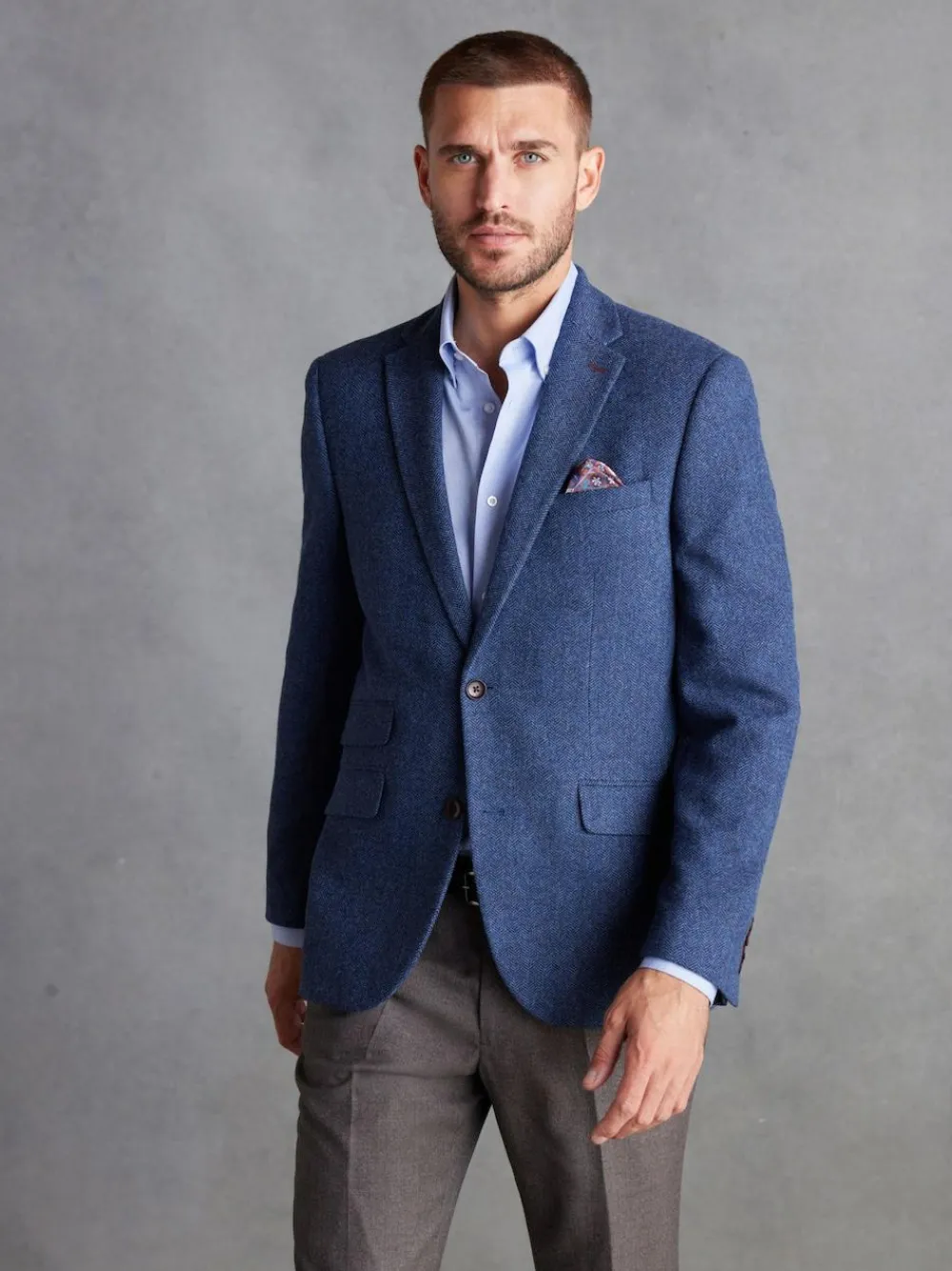 Next Regular Fit Signature Wool Blend Herringbone Nova Fides Blazer Blue