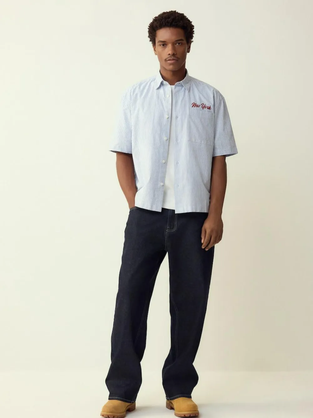 Outlet Next Blue Stripe Embroidered New York Short Sleeve Shirt