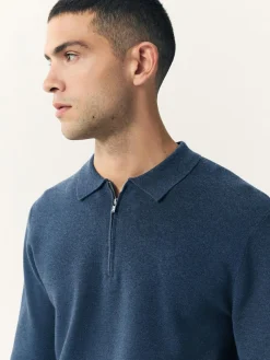Best Next Blue Zip Neck N.Premium Regular Fit Premium Mid Weight Long Sleeve Knit Polo Shirt