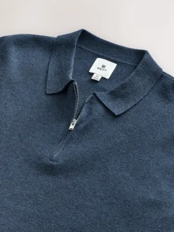 Best Next Blue Zip Neck N.Premium Regular Fit Premium Mid Weight Long Sleeve Knit Polo Shirt