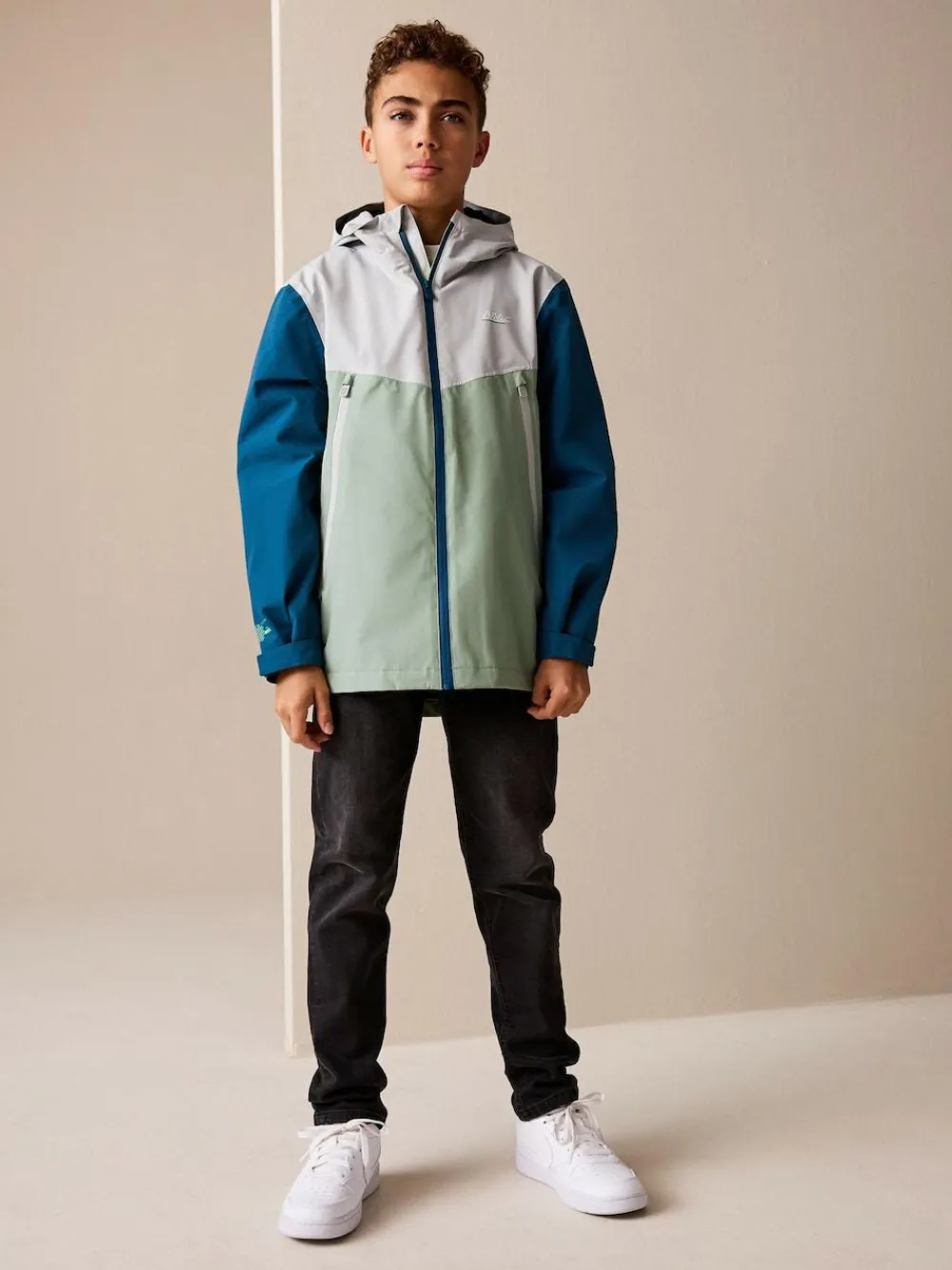 Discount Next Blue/Green Colour Block Waterproof Fleece Lined Hooded Jacket (3-16yrs)