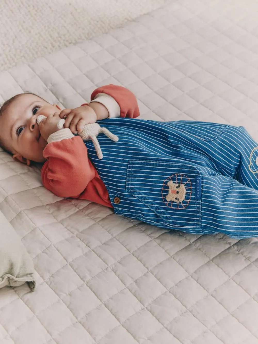 Outlet Next Baby Denim Dungarees and Bodysuit Set (0mths-2yrs) Bright Character Stripe