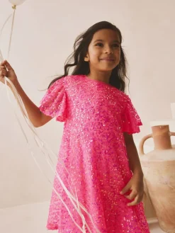 Outlet Next Angel Sleeve Sequin Party Dress (3-16yrs) Bright Pink