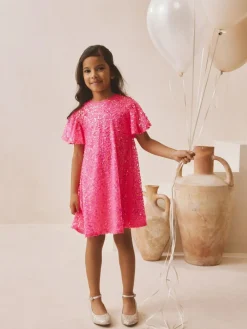 Outlet Next Angel Sleeve Sequin Party Dress (3-16yrs) Bright Pink
