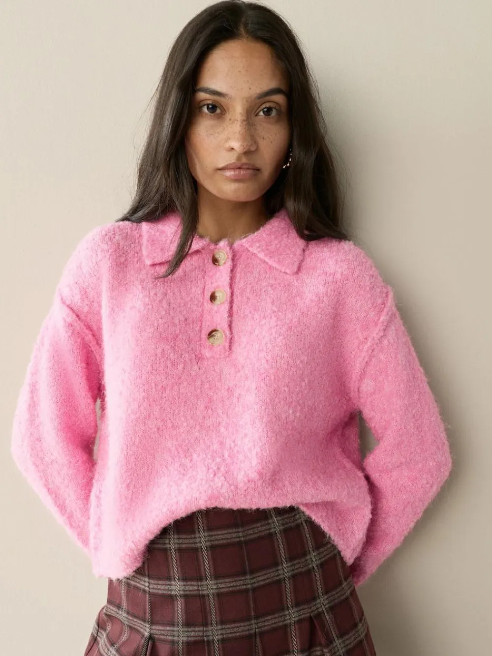 Next Boucle Long Sleeve Polo Jumper Bright Pink