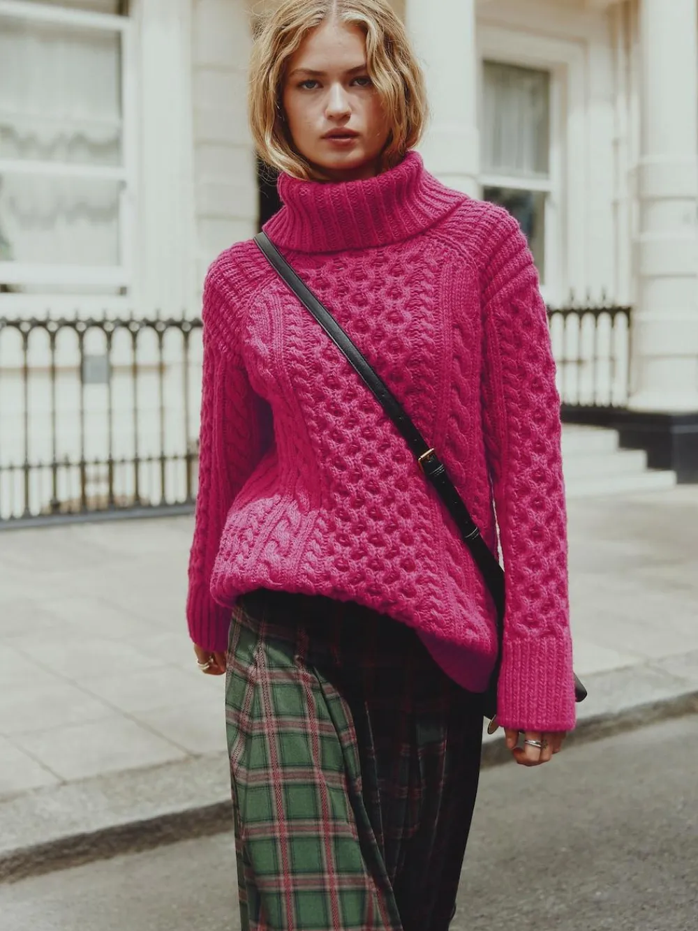 Clearance Next Roll Neck Cable Longline Jumper with Wool Bright Pink