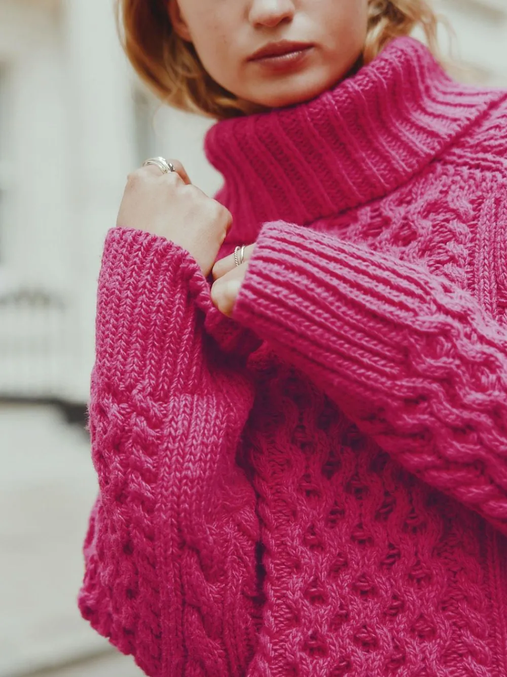 Clearance Next Roll Neck Cable Longline Jumper with Wool Bright Pink