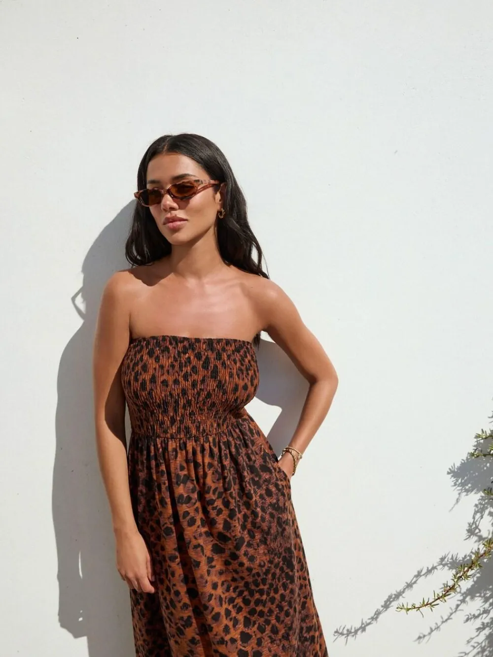 Next Print Bandeau Frill Summer Midi Dress Brown Animal