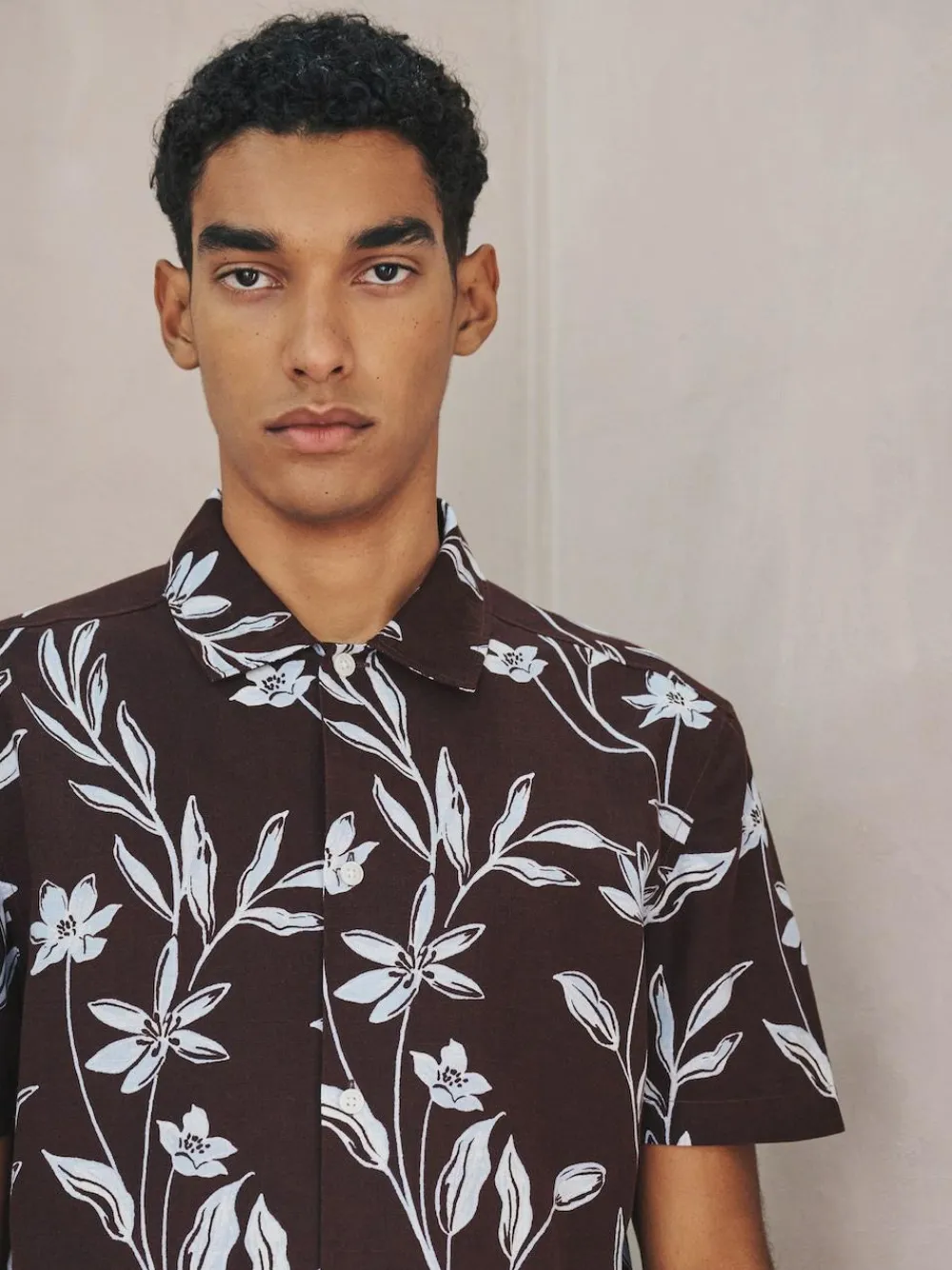 Online Next Brown Linen Tencel Blend Floral Print Short Sleeve Shirt