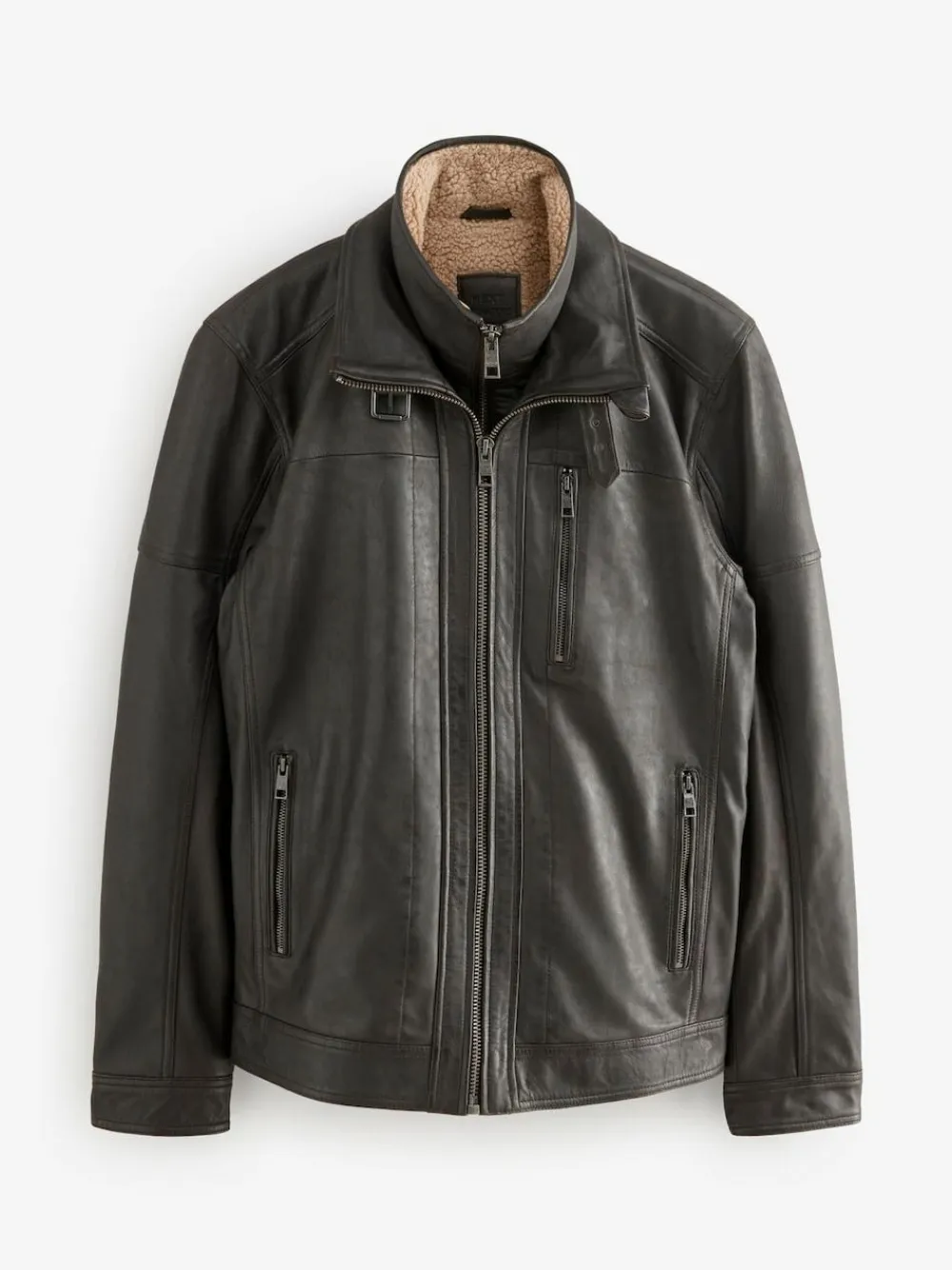 New Next Signature Four Pocket Borg Lined Leather Jacket Brown
