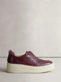 Discount Next Signature Leather Chunky Wedge Platform Trainers Burgundy Croc Effect