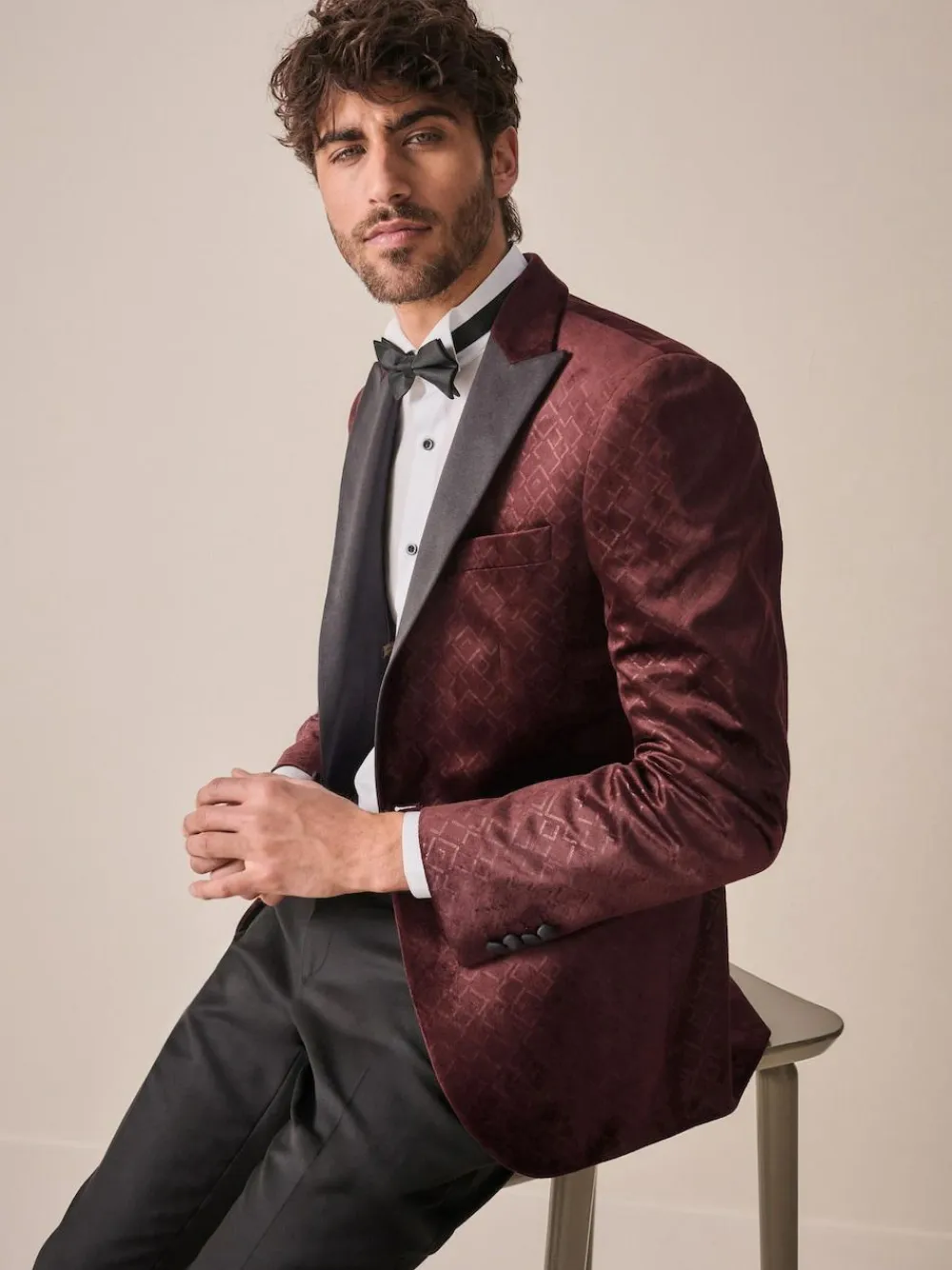 Discount Next Slim Fit Patterned Velvet Blazer Burgundy Red Geometric