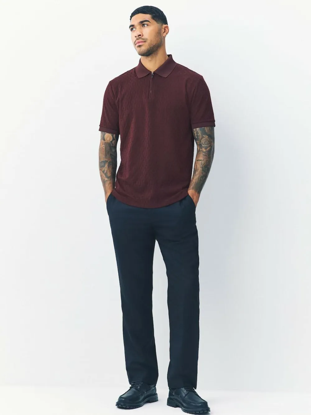 Next Burgundy Red Regular Fit N.Premium Smart Jaquard Polo Shirt^ Tops & T-Shirts