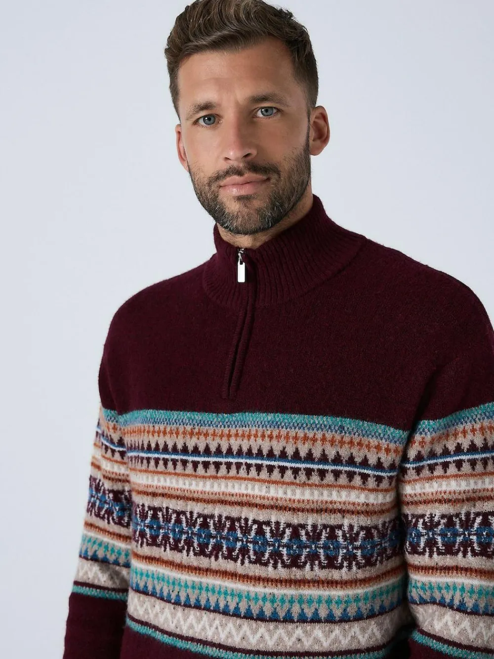 New Next Burgundy Red Regular Fit Fairisle Pattern Chest Block Zip Neck Jumper
